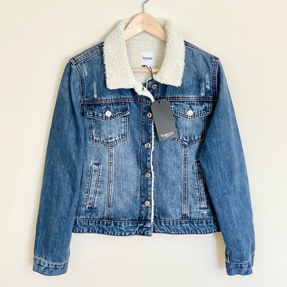 NEW Kensie Jeans Fur Lined Distressed Button Trucker Jacket Women’s Large - Picture 2 of 11